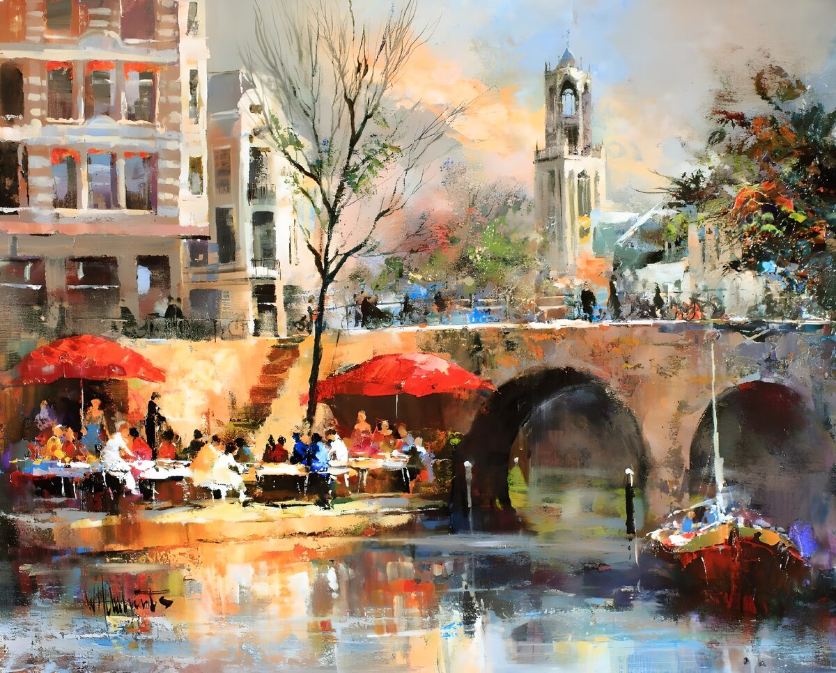 Terras aan de gracht in warm licht