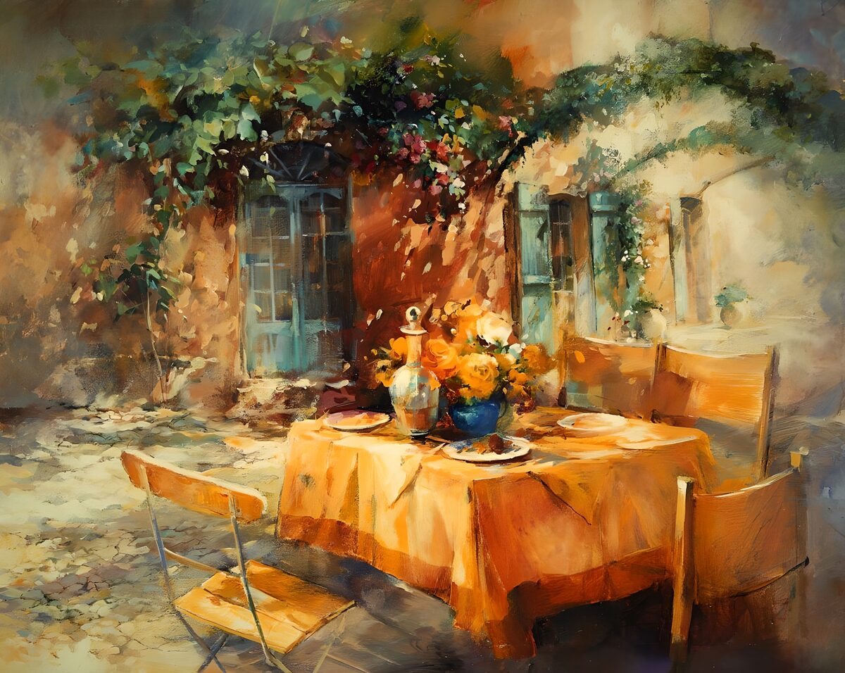 Zonnige patio met gedekte tafel
