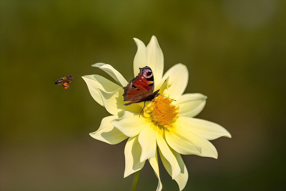 Dagpauwoog op een roomgele dahlia
