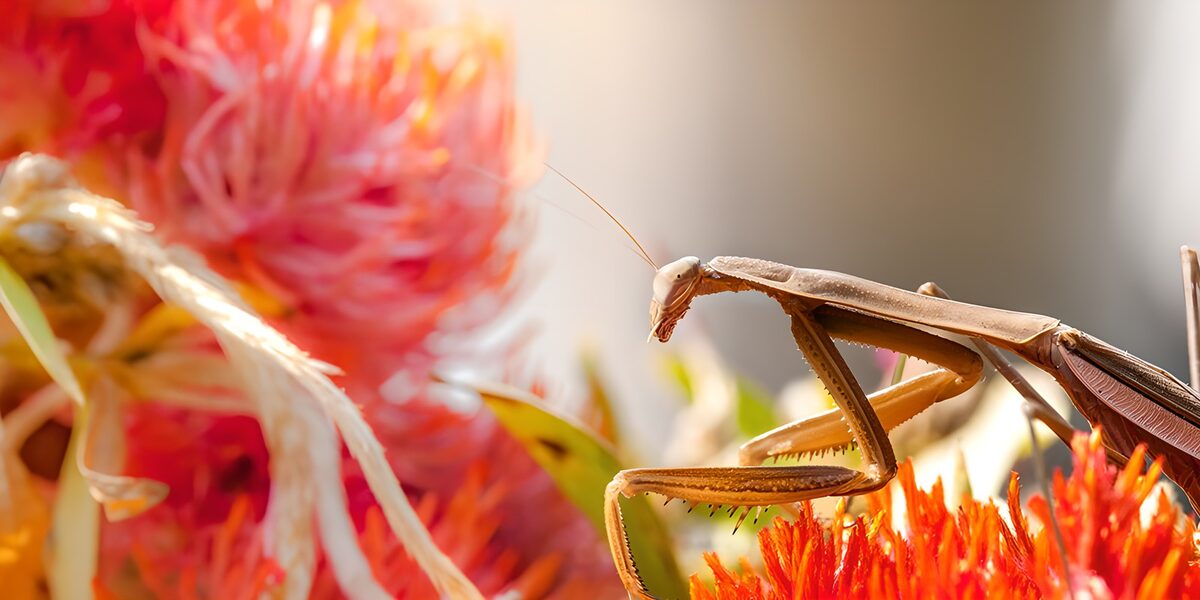 Bruine bidsprinkhaan op rode bloemen