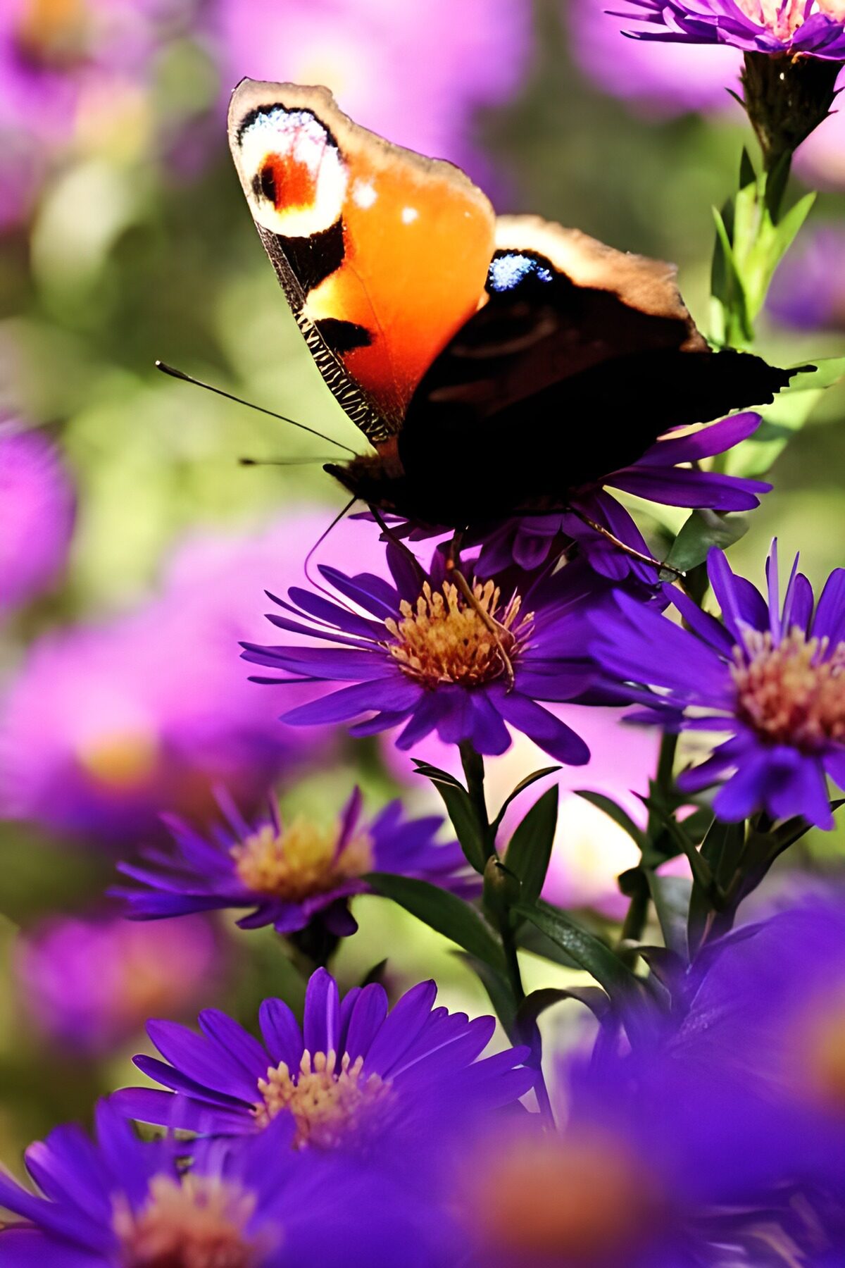 Dagpauwoog aan de paarse bloemenbar