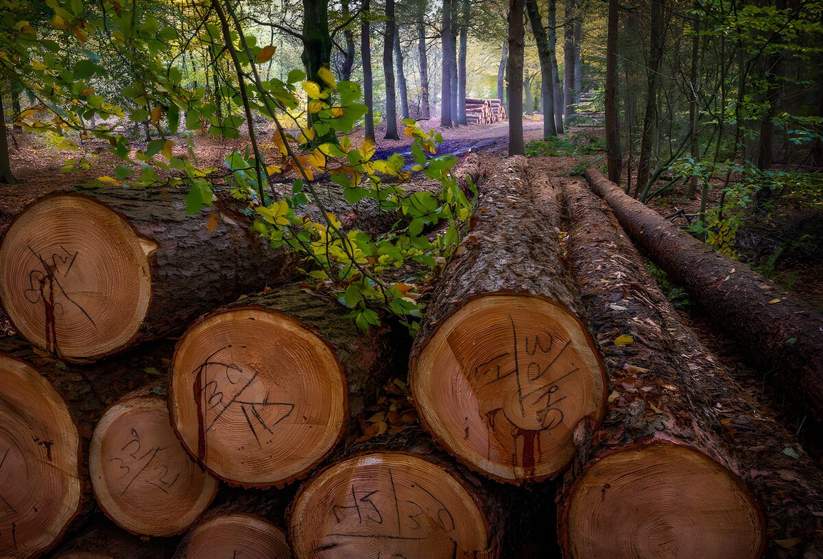 Boomstammen in een herfstbos