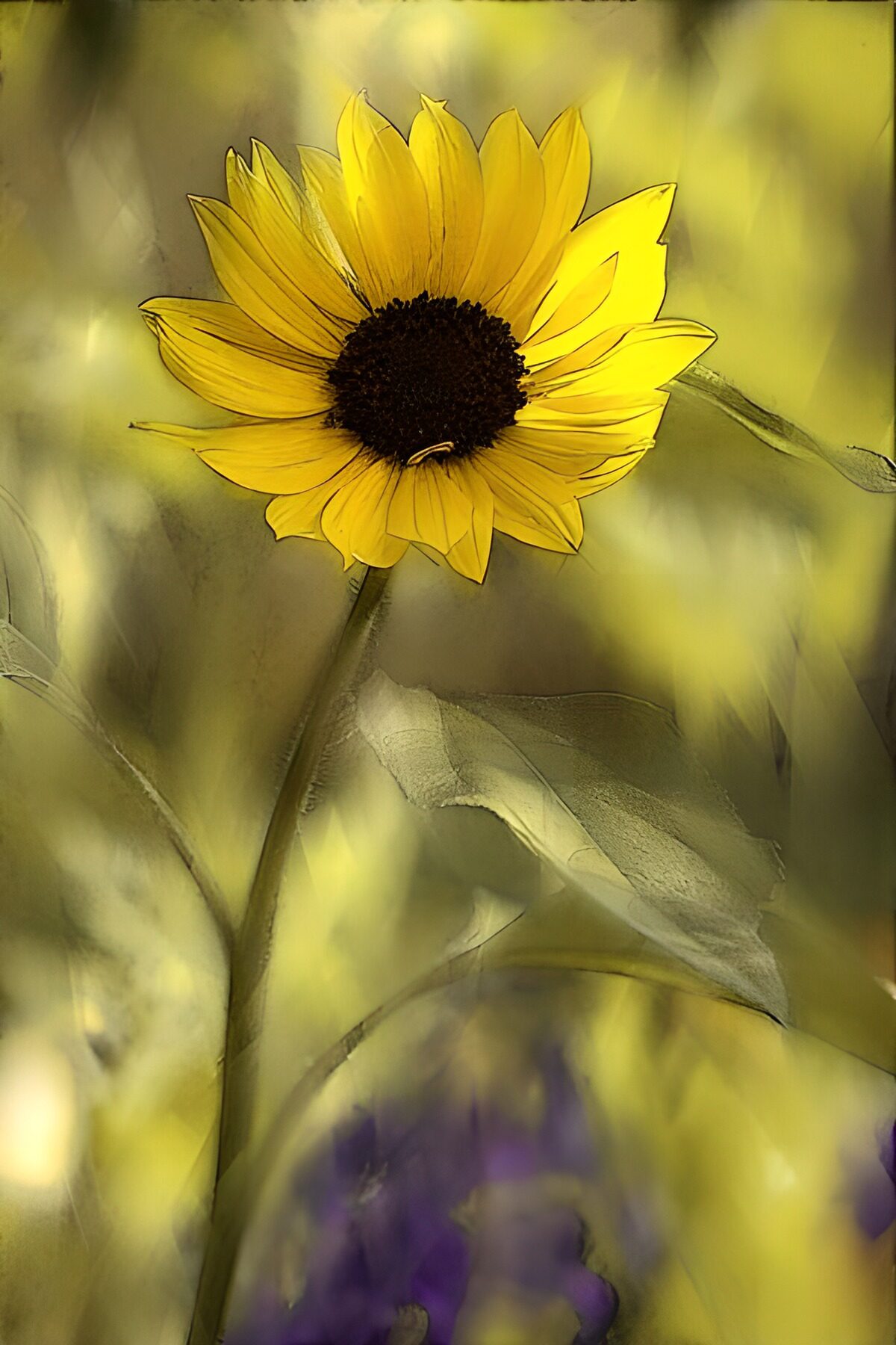 Gele zonnebloem in zacht licht