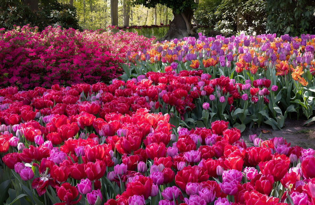 Rode en paarse tulpen in de lentetuin