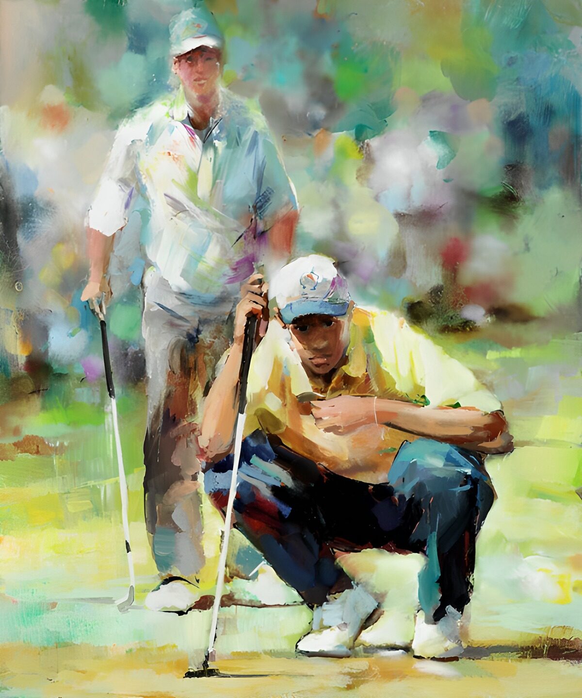 Twee golfers in een kleurrijk moment