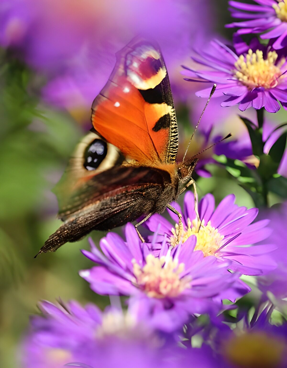 Dagpauwoog op paarse asters