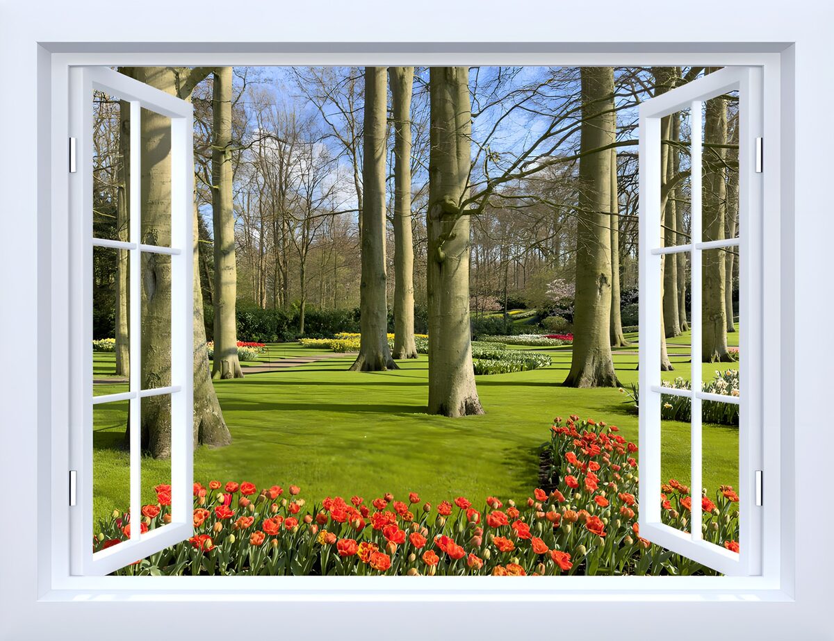 Open raam op een zonnig tulpenpark