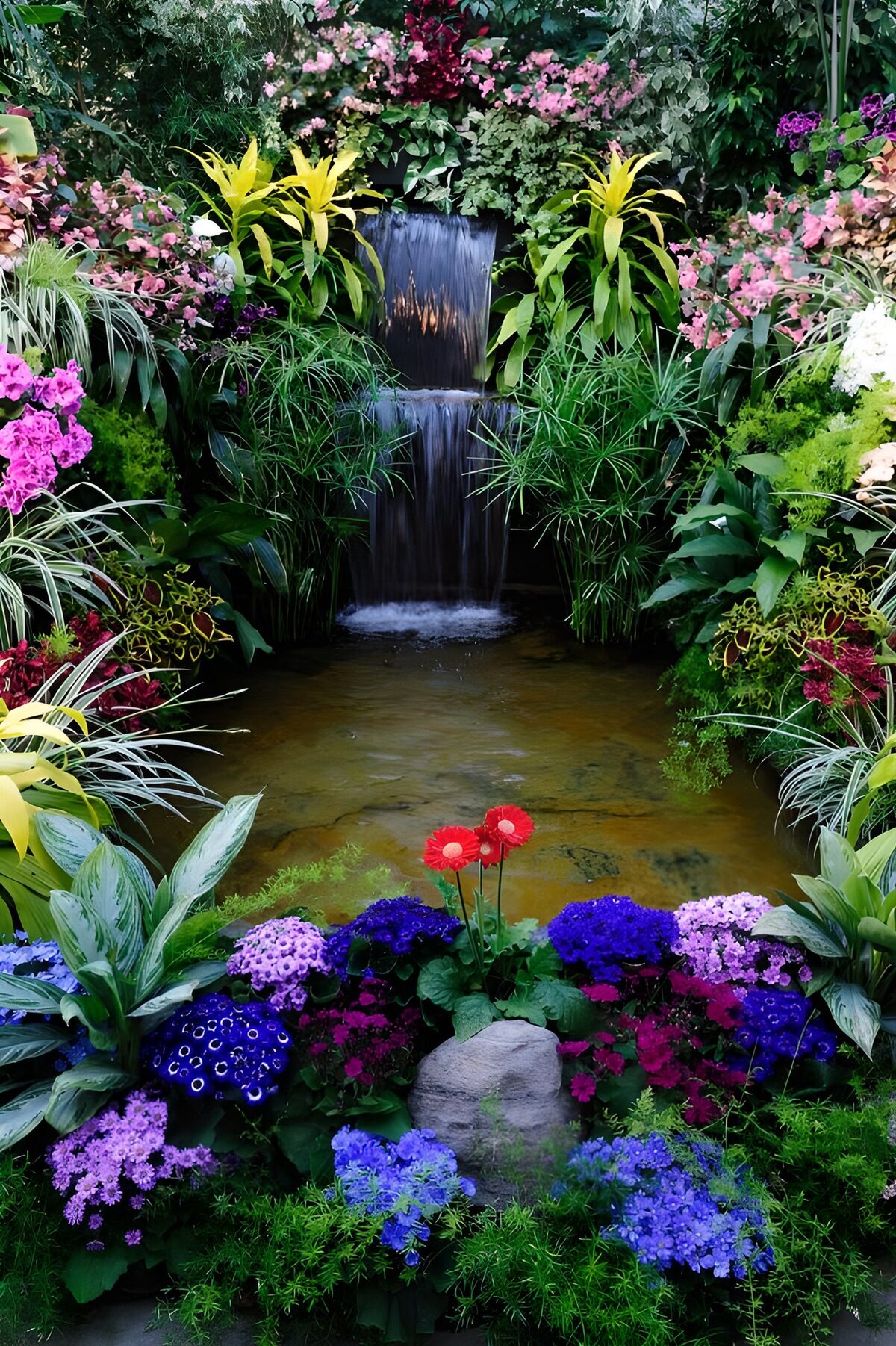 Waterval en vijver tussen bloemen