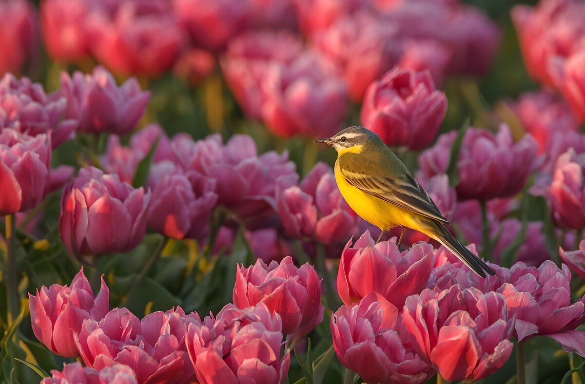 Een gele noot in een zee van tulpen