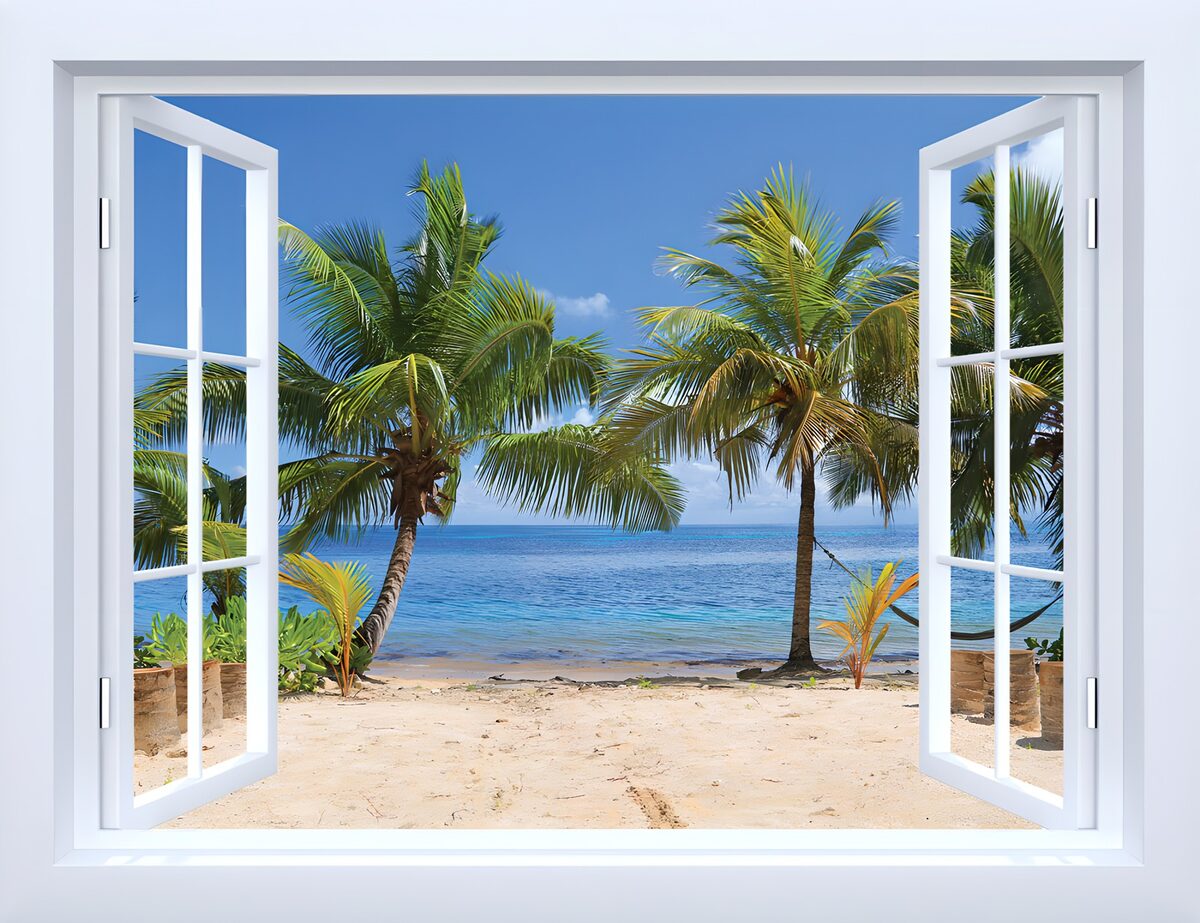 Open raam naar een zonnig palmenstrand
