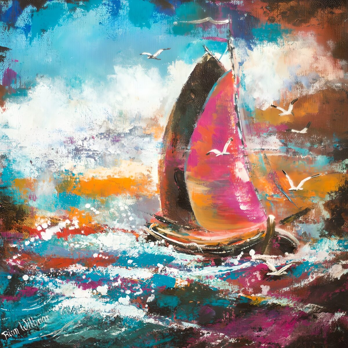 Zeilboot op kleurrijke golven