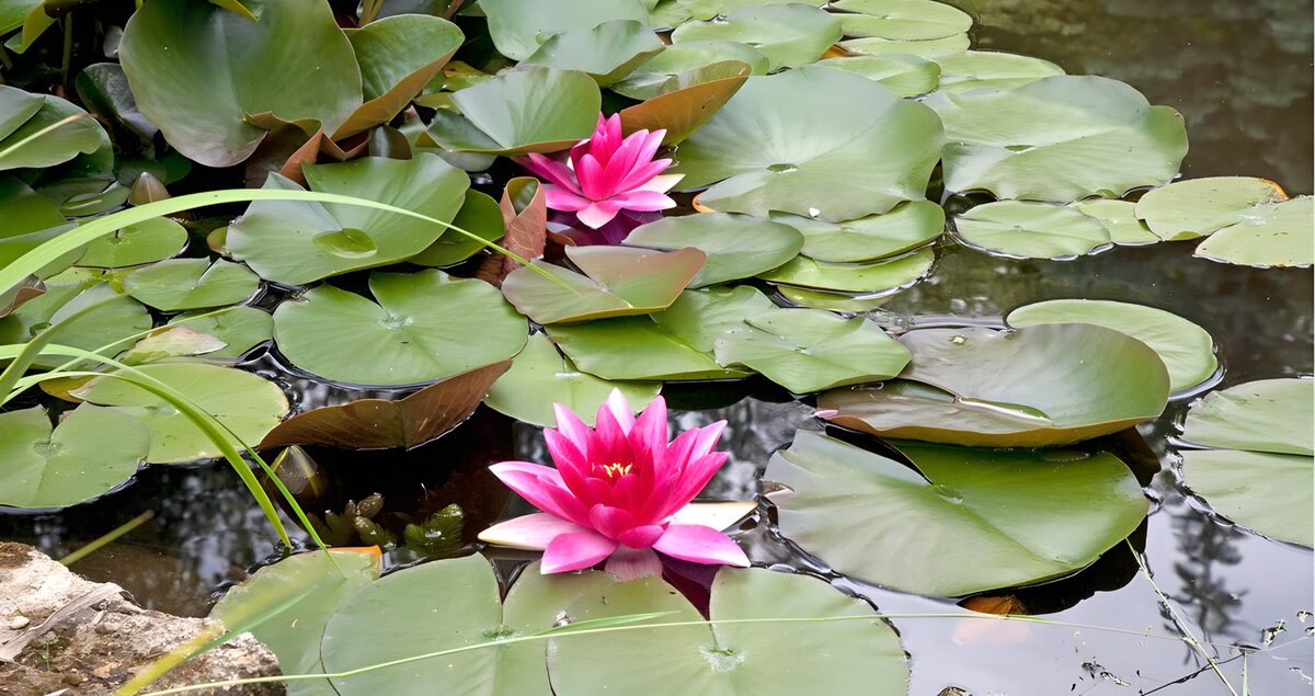 Twee roze waterlelies op een groene zee