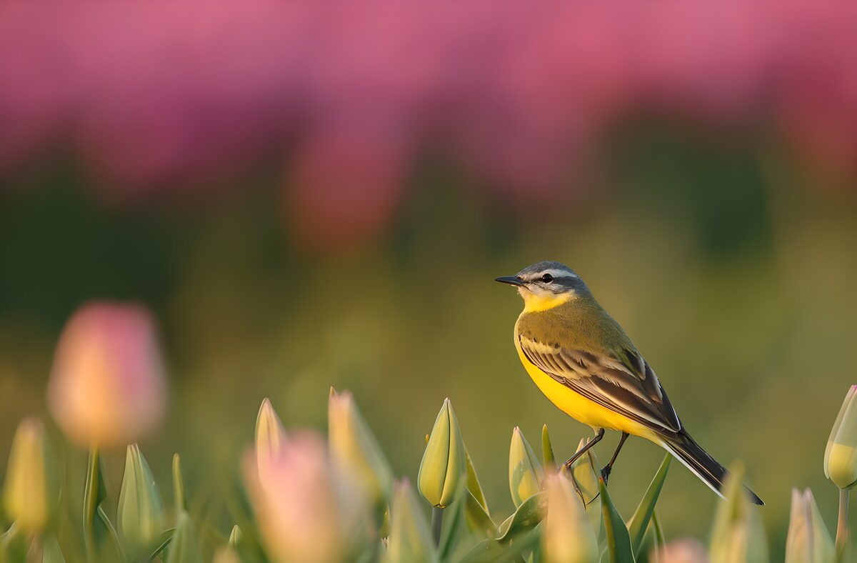 Gele kwikstaart in roze lentegloed