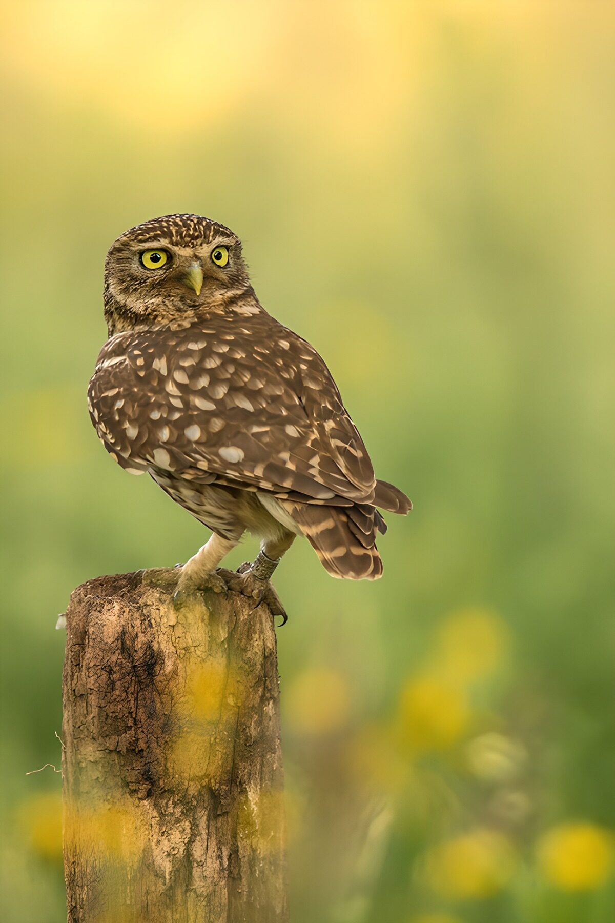 Uil op een verweerde houten paal