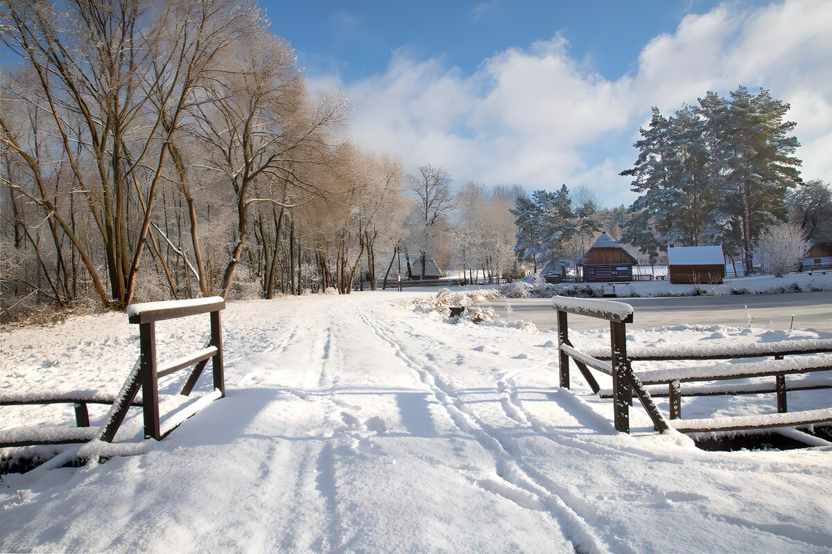 Besneeuwde brug aan de bevroren vijver