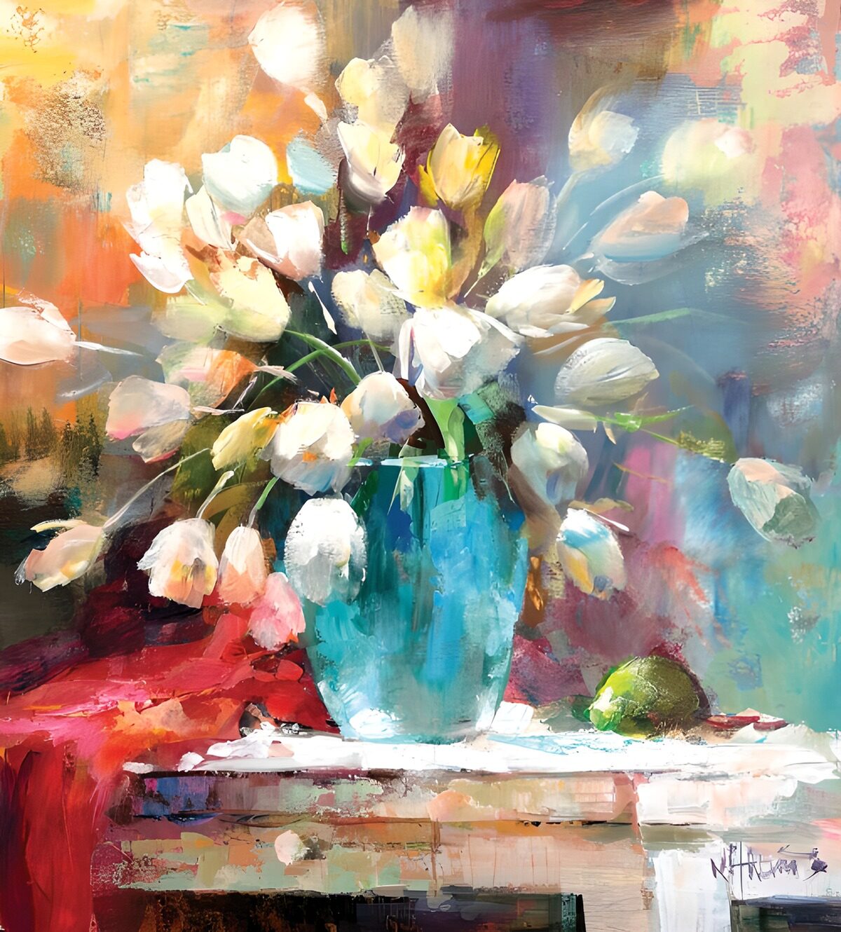 Tulpen in een turquoise vaas