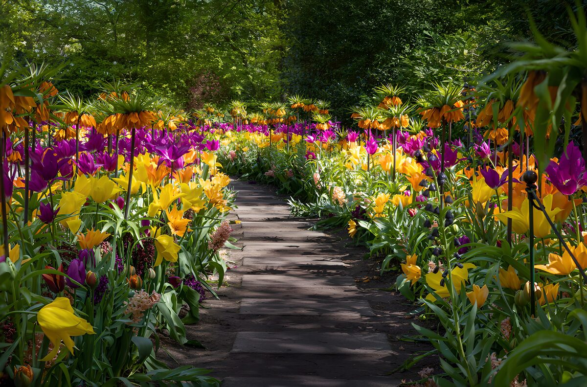 Tulpen en keizerskronen langs het tuinpad