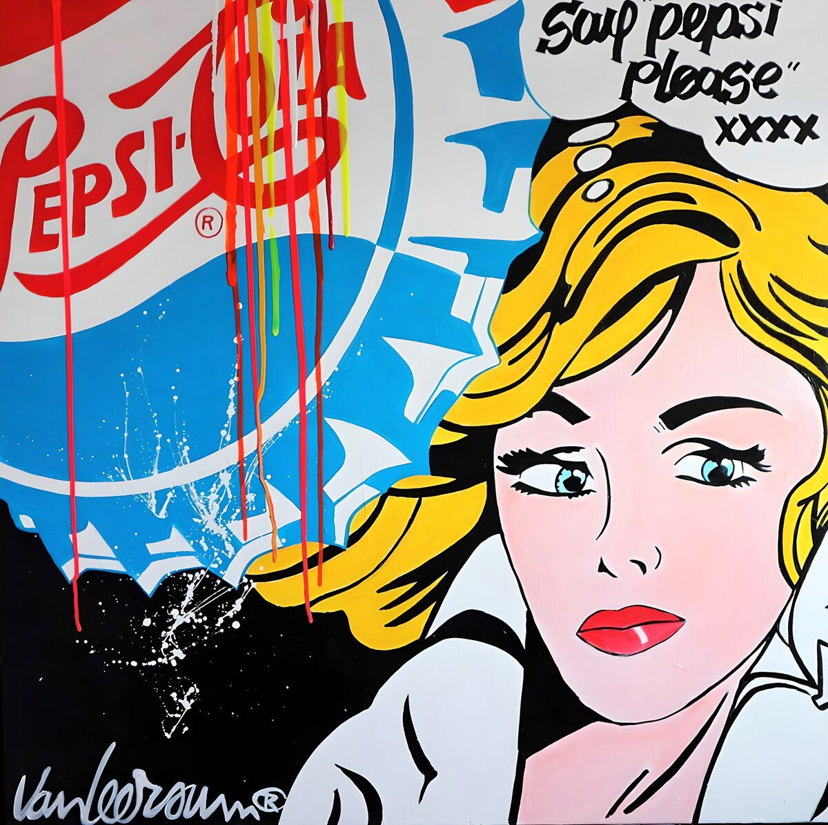 Blondine en Pepsi in felle popartkleuren