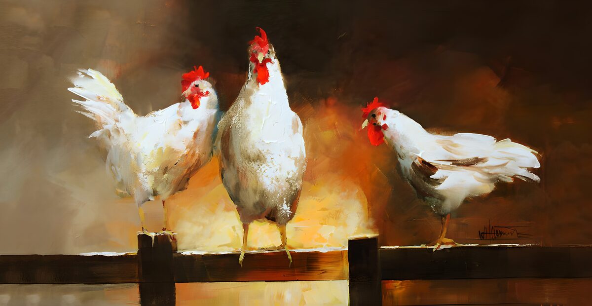 Drie witte kippen in warm licht