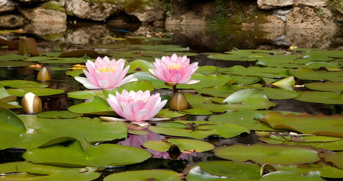 Drie roze waterlelies op stil water