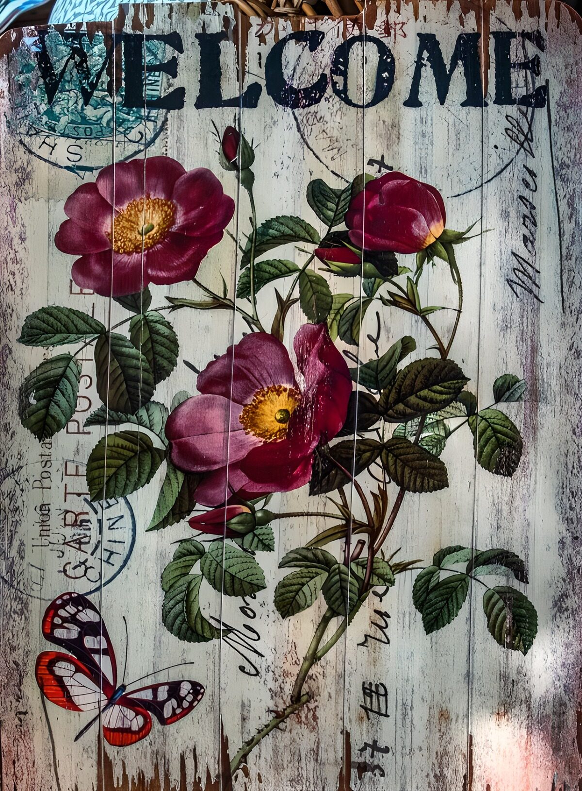 Rozen en vlinder op verweerd hout