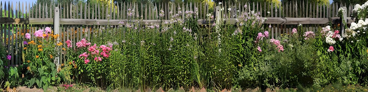 Roze en witte bloemen langs de schutting