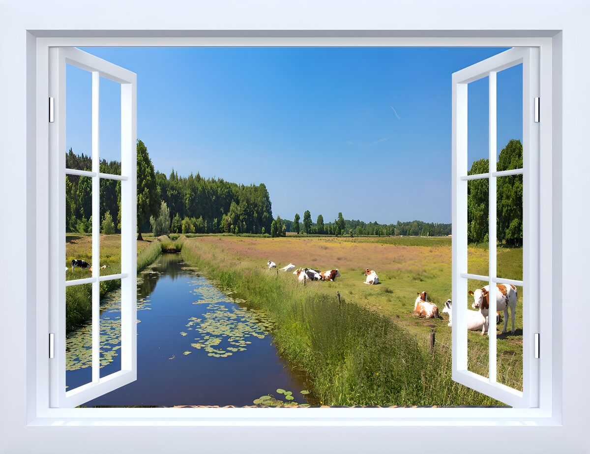 Open raam met koeien aan de sloot