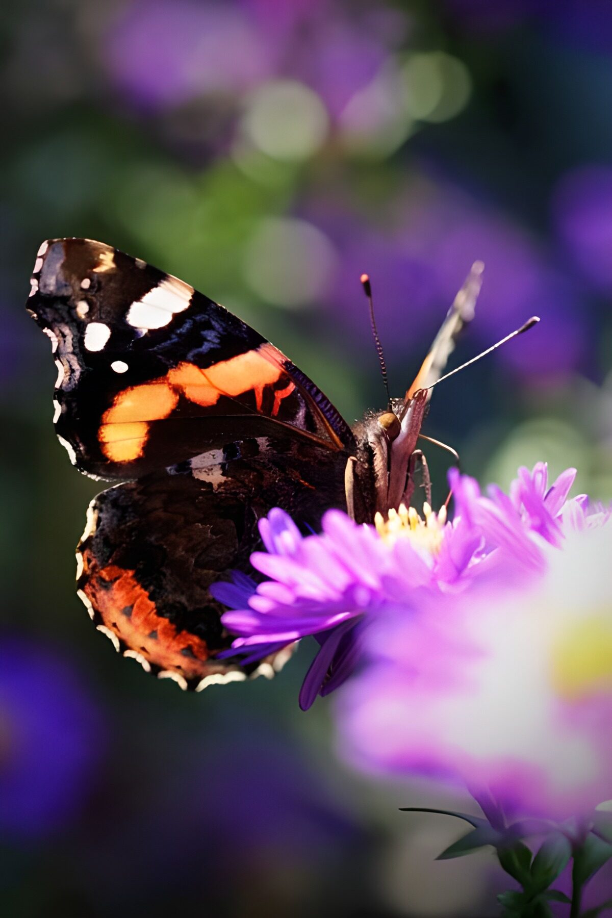 Atalanta op een paarse bloem in zonlicht