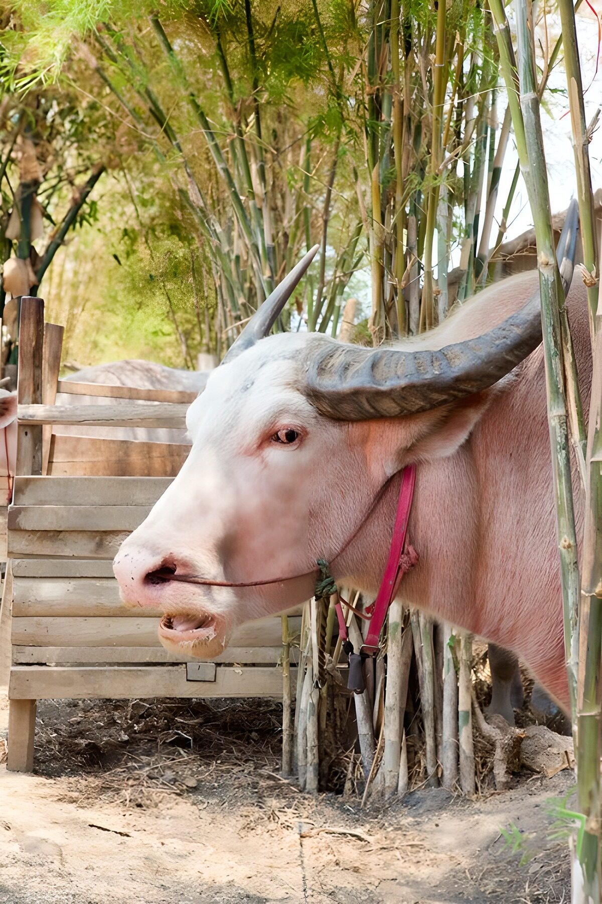Roze waterbuffel tussen het bamboe