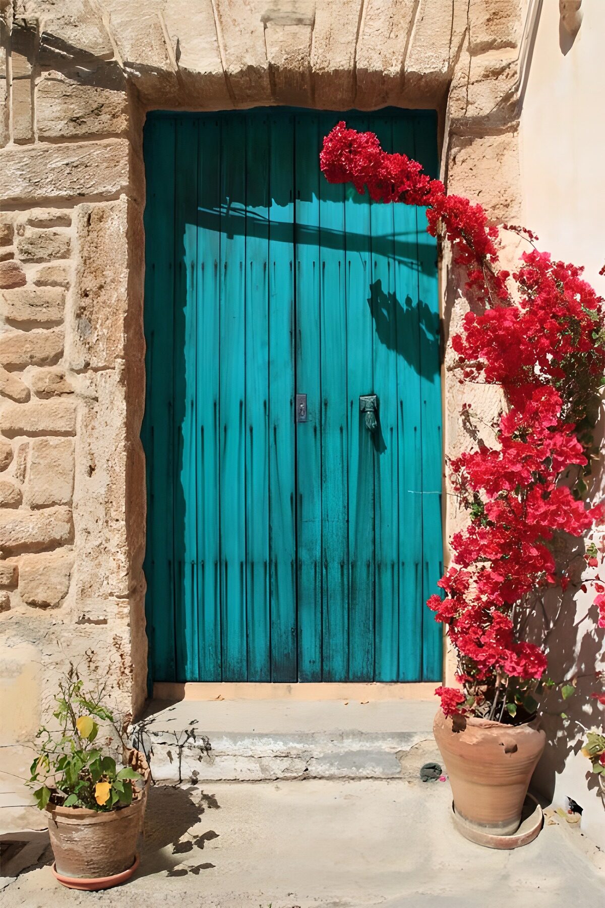 Turquoise deur in de zomerzon
