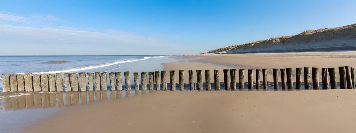 Houten golfbreker aan een leeg strand