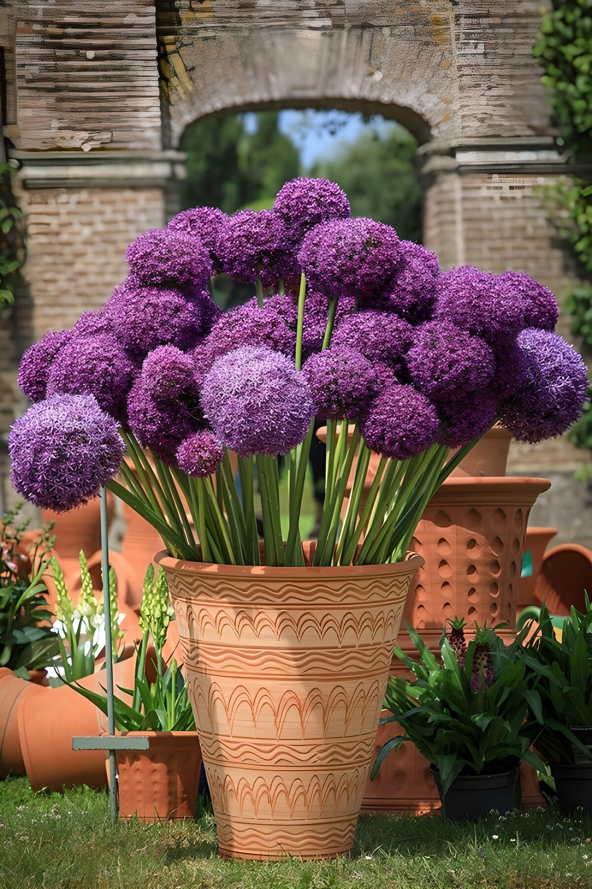 Paarse sierui in een terracotta pot