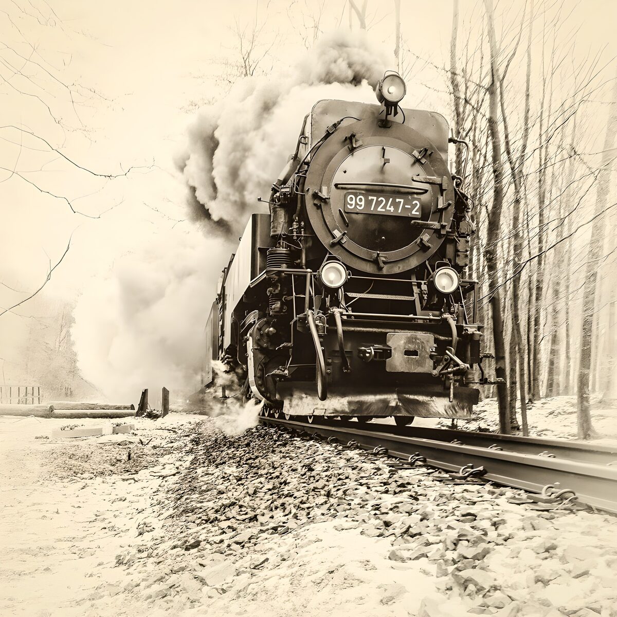 Stoomlocomotief in een winters bos