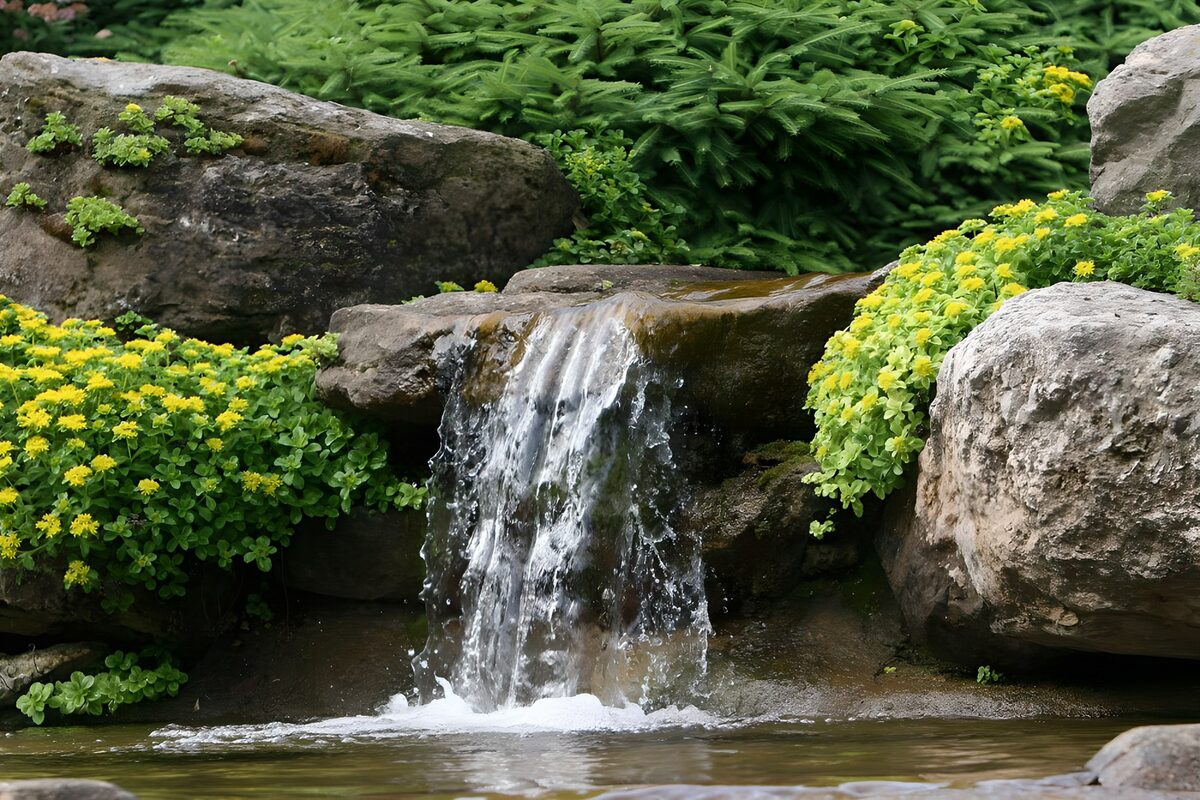 Kleine tuinwaterval tussen gele bloemen