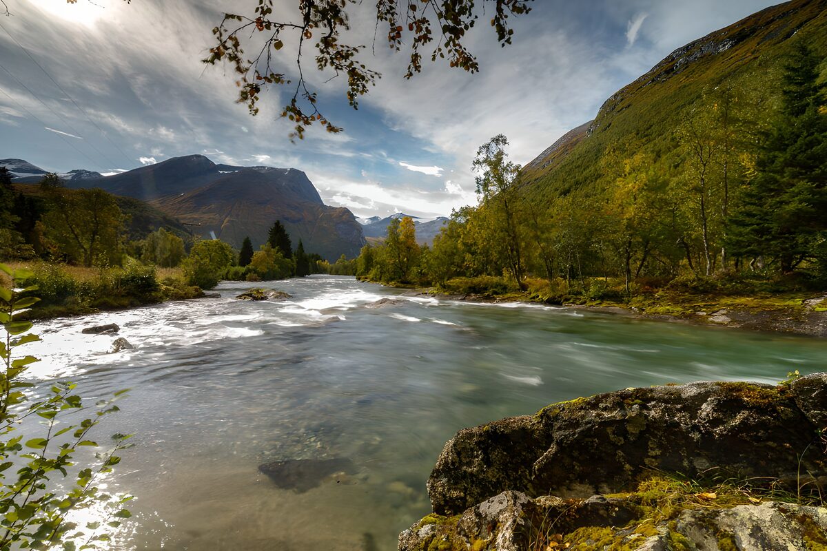 Stromende rivier tussen herfstbergen