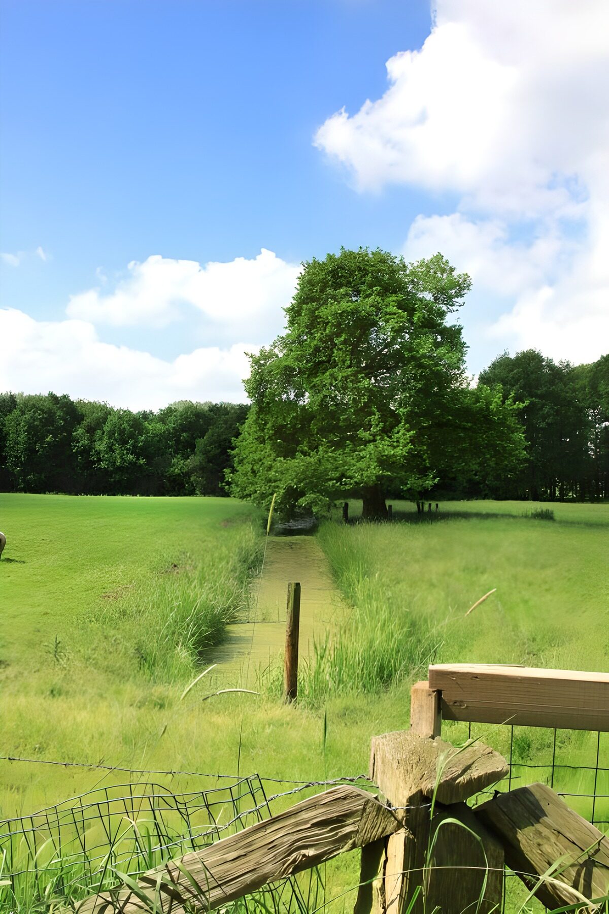 Groene weide met boom en sloot