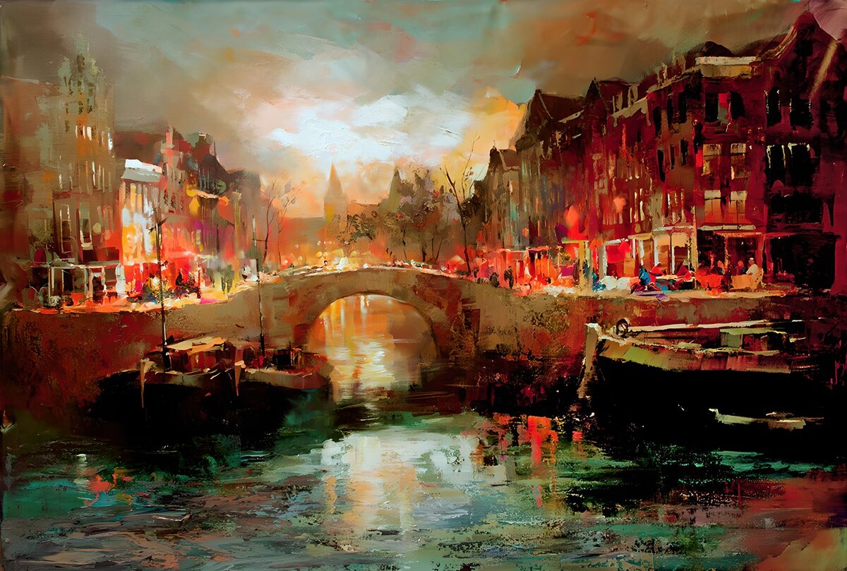Gracht met brug in warm avondlicht