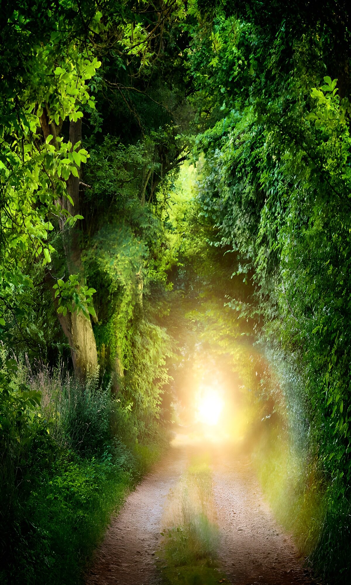Groene bosweg in gouden zonlicht