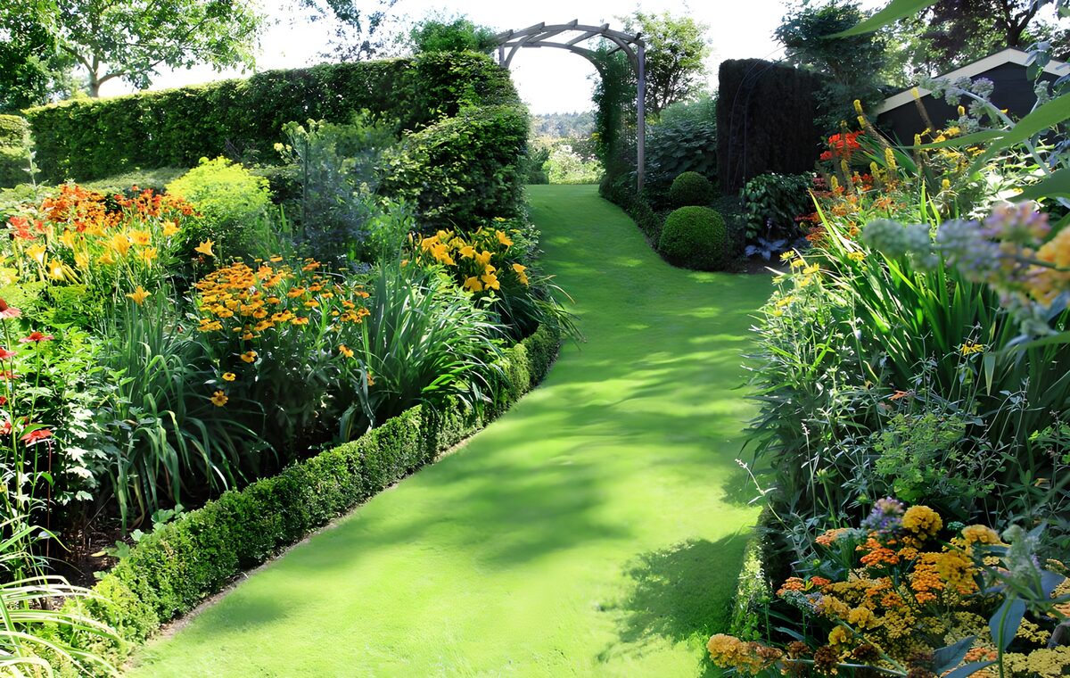 Graspad tussen zonnige bloemenborders