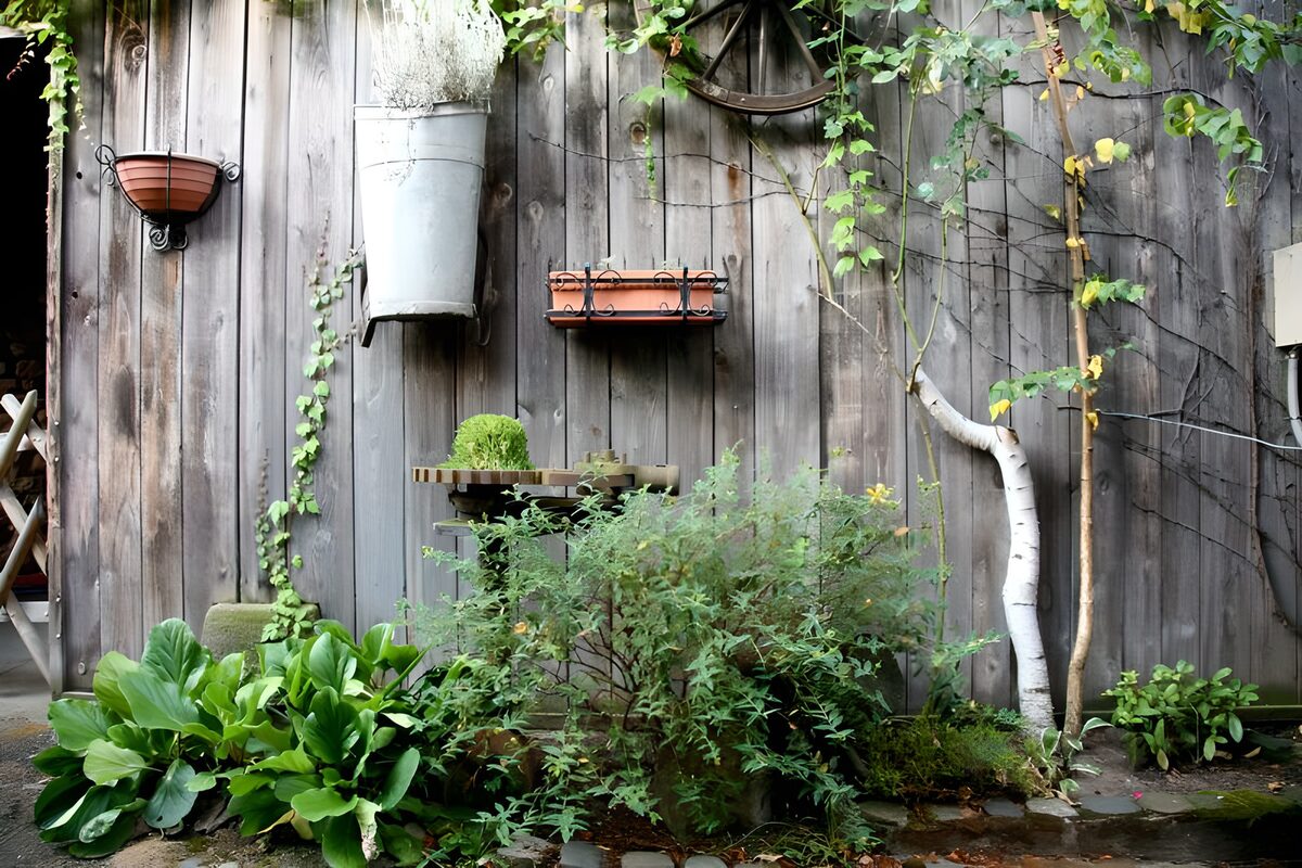 Groene tuin tegen een verweerde schutting