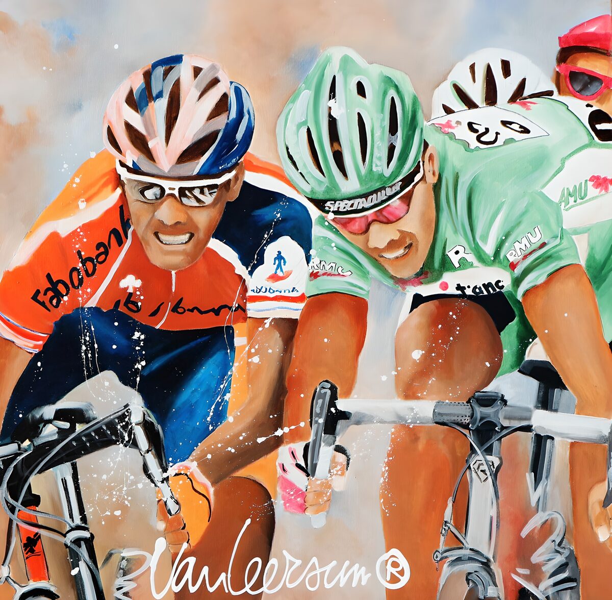 Wielrenners in oranje en mintgroen