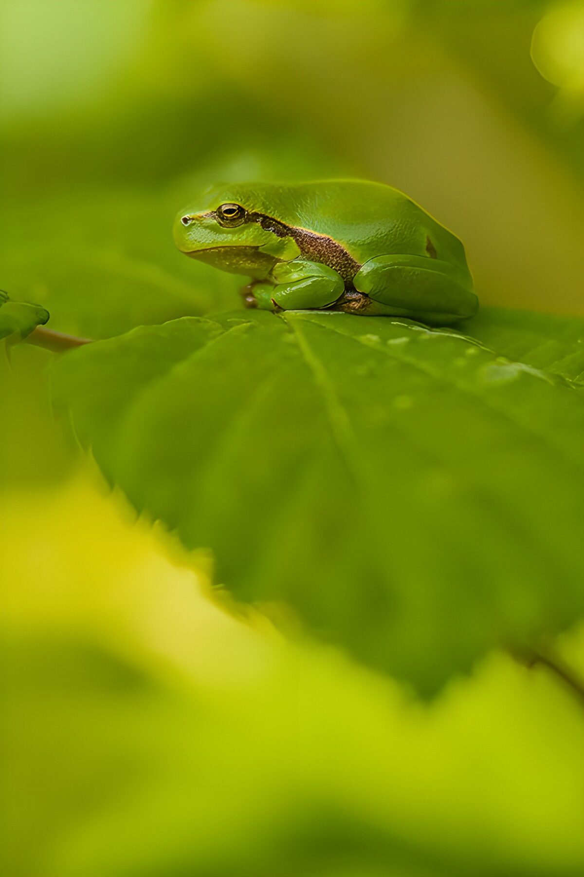 Groene kikker in rust op een blad