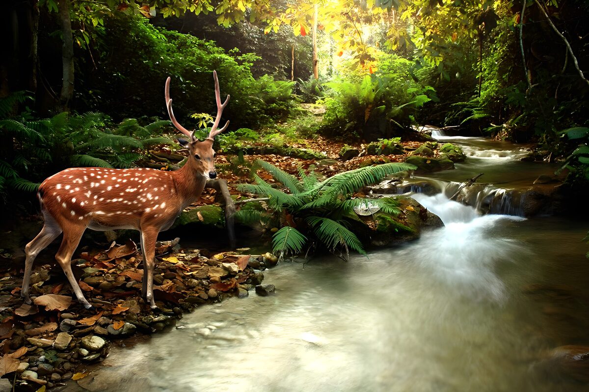 Hert bij een waterval in het bos