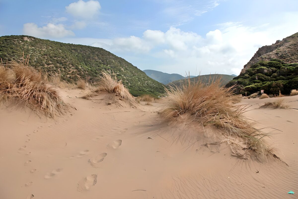 Zandduinen tussen groene heuvels