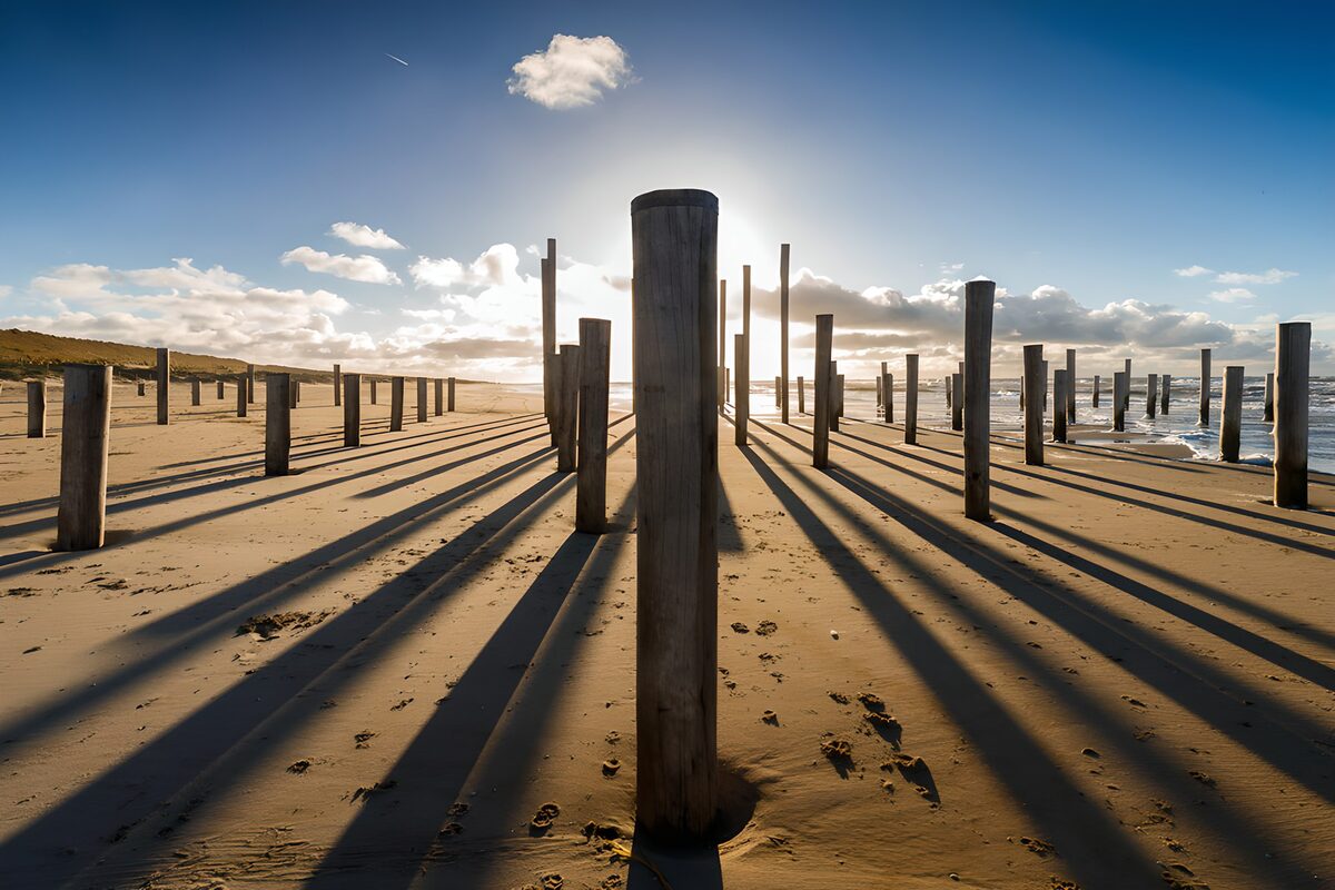 Houten strandpalen in laag zonlicht