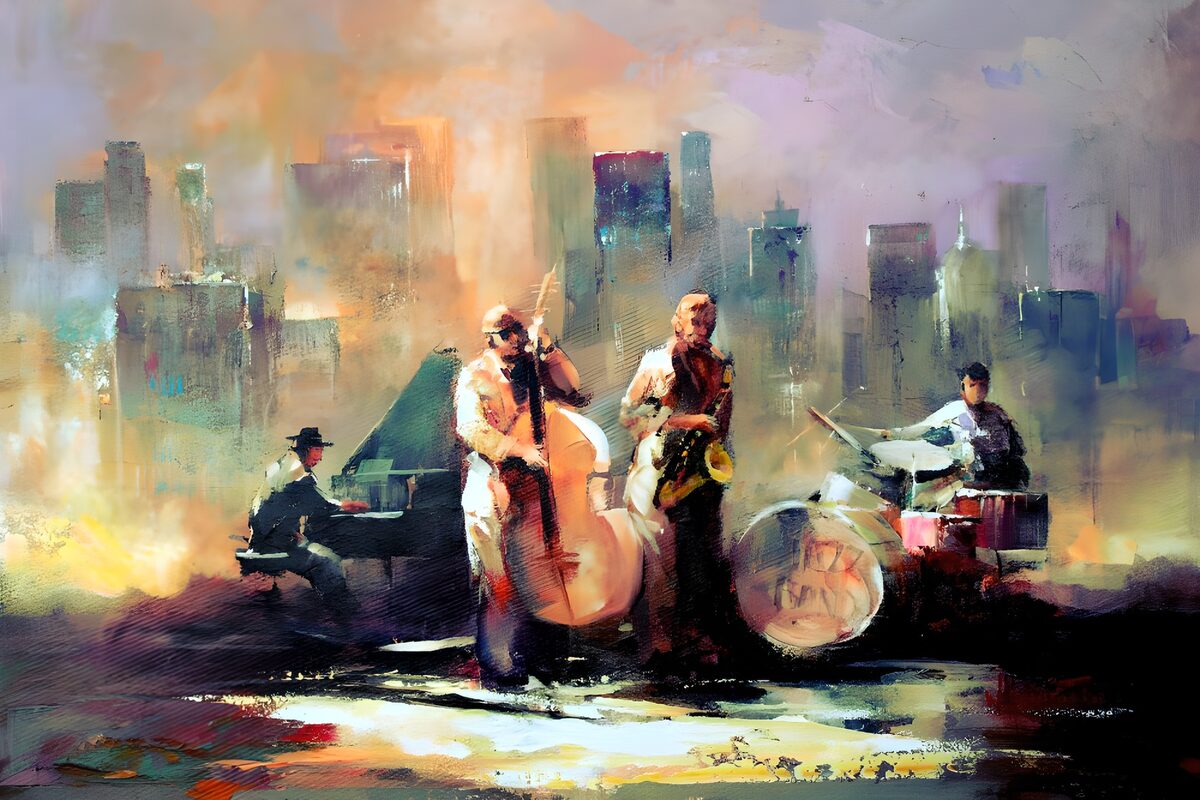 Jazzkwartet voor een kleurrijke skyline