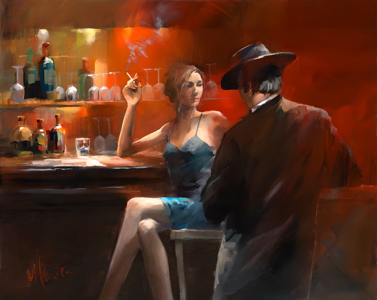 Vrouw en man aan de rode bar