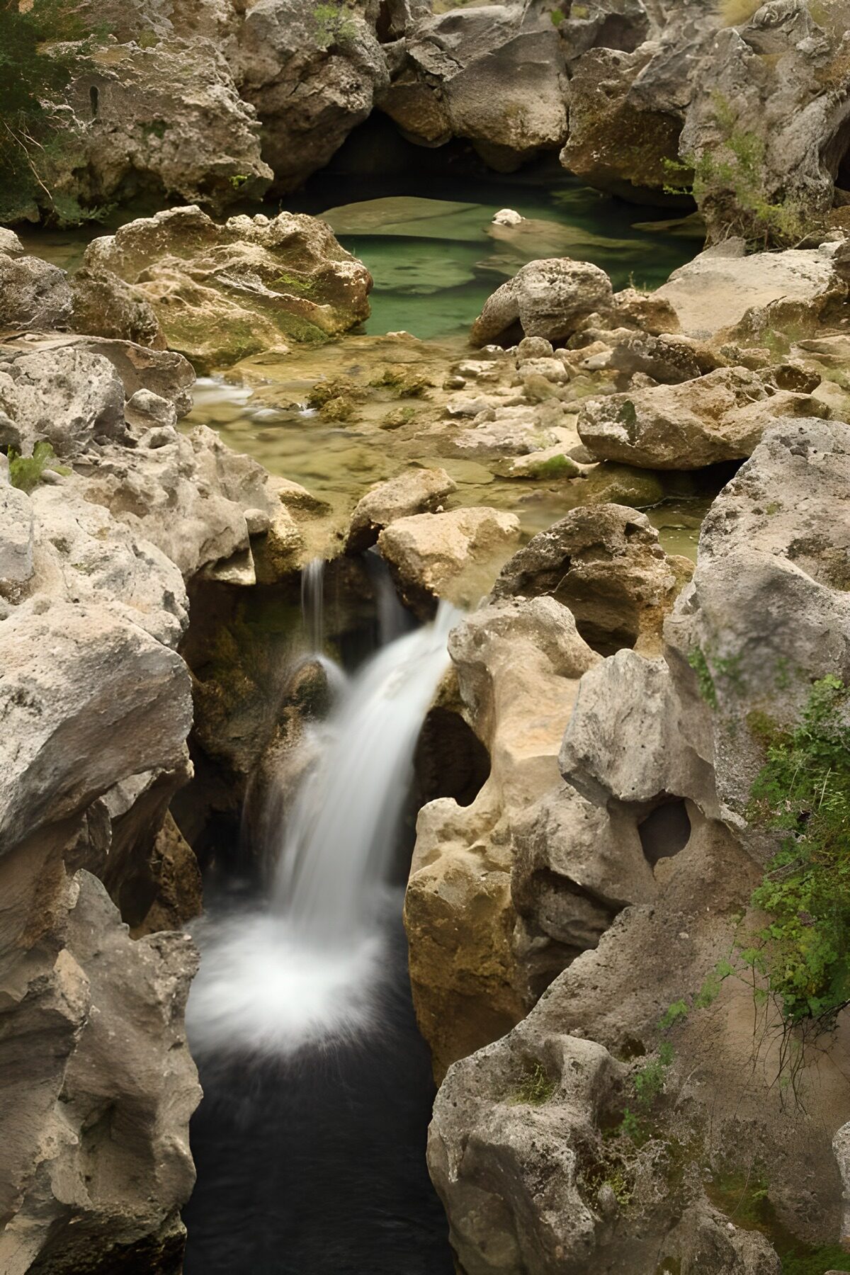 Waterval tussen rotsen en groene poelen