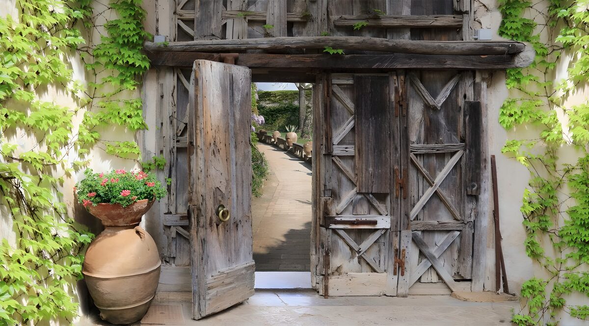 Oude houten poort met bloemen en groen