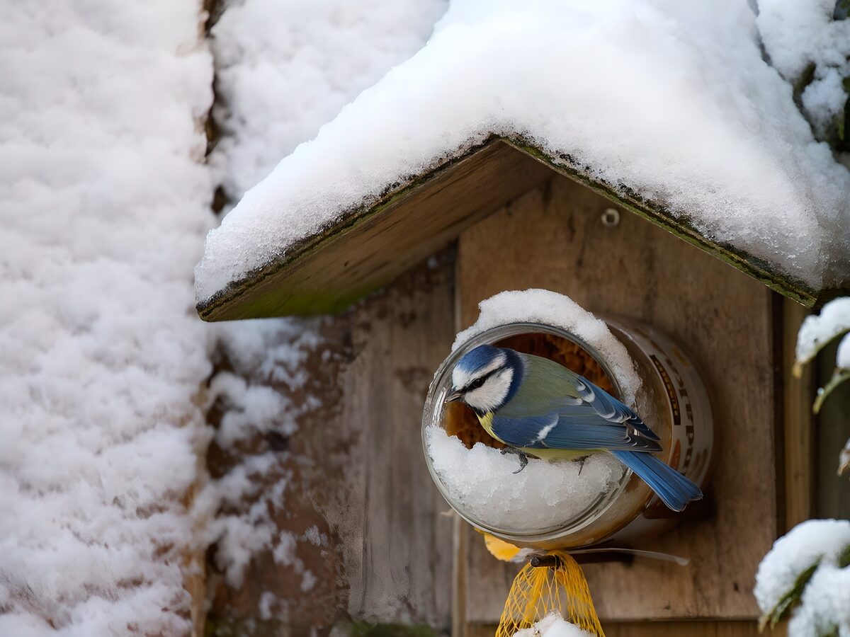 Pimpelmees op een besneeuwd voederhuisje